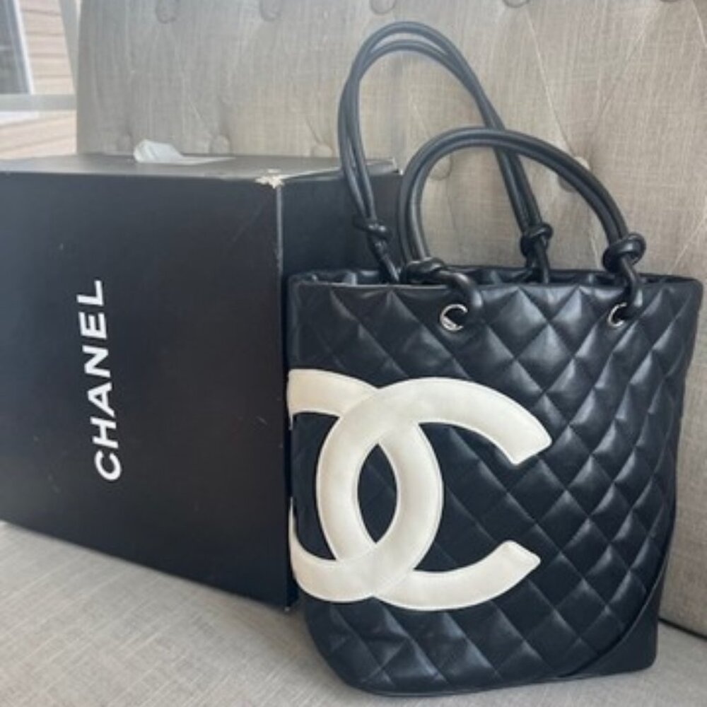 Authentic CHANEL Cambon Ligne CC Calfskin Quilted Tote Black Leather Purse